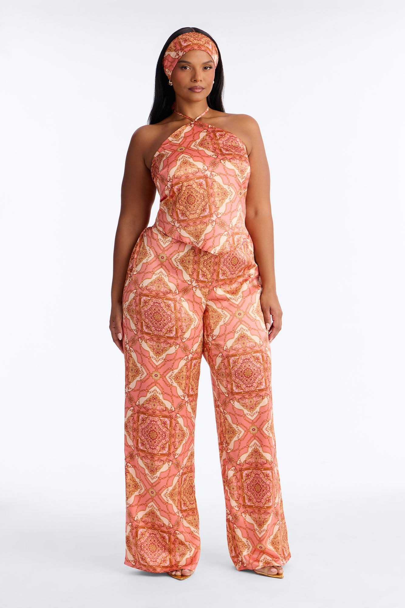 Nadia Satin 3 Piece Pant Set - Coral/combo