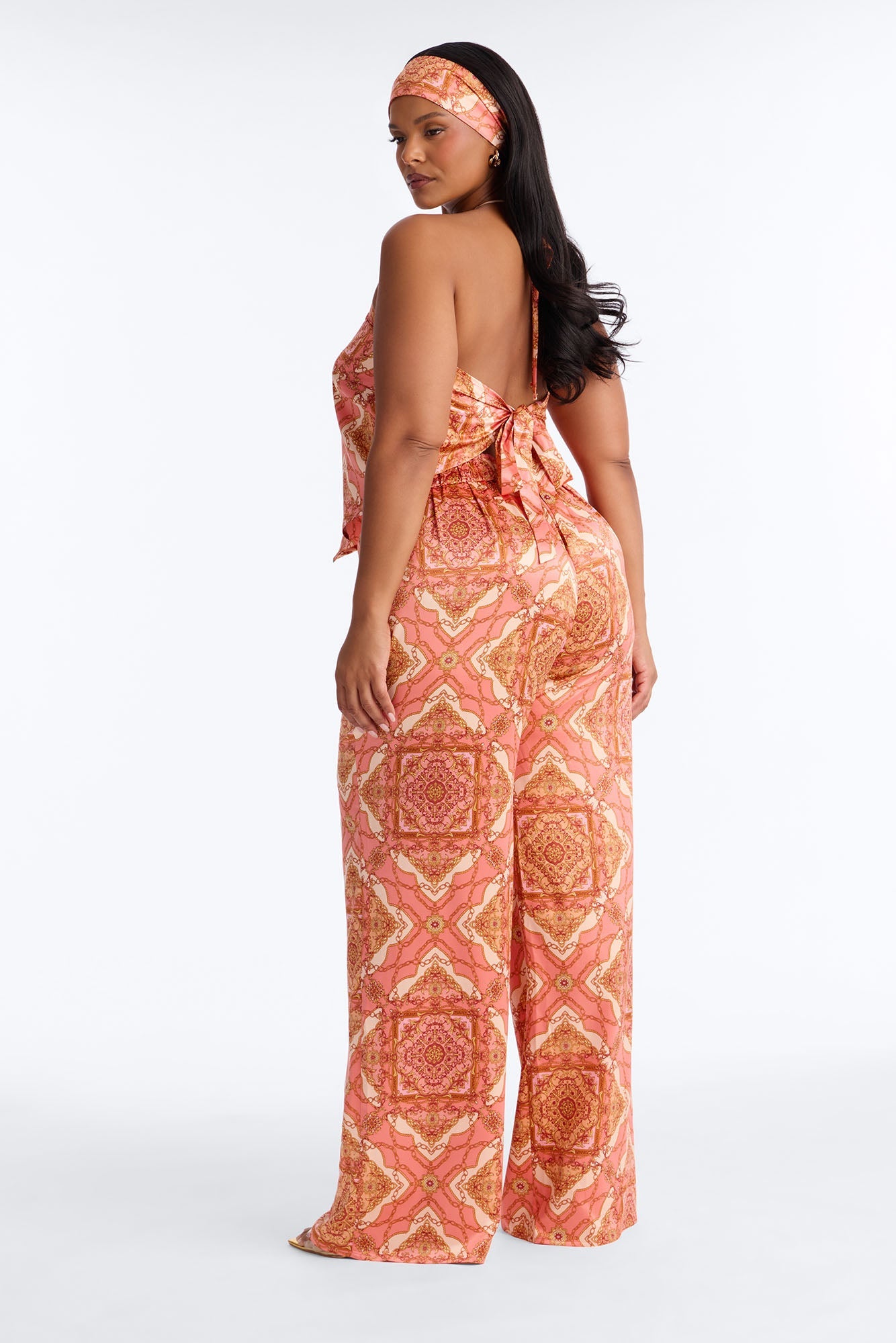 Nadia Satin 3 Piece Pant Set - Coral/combo