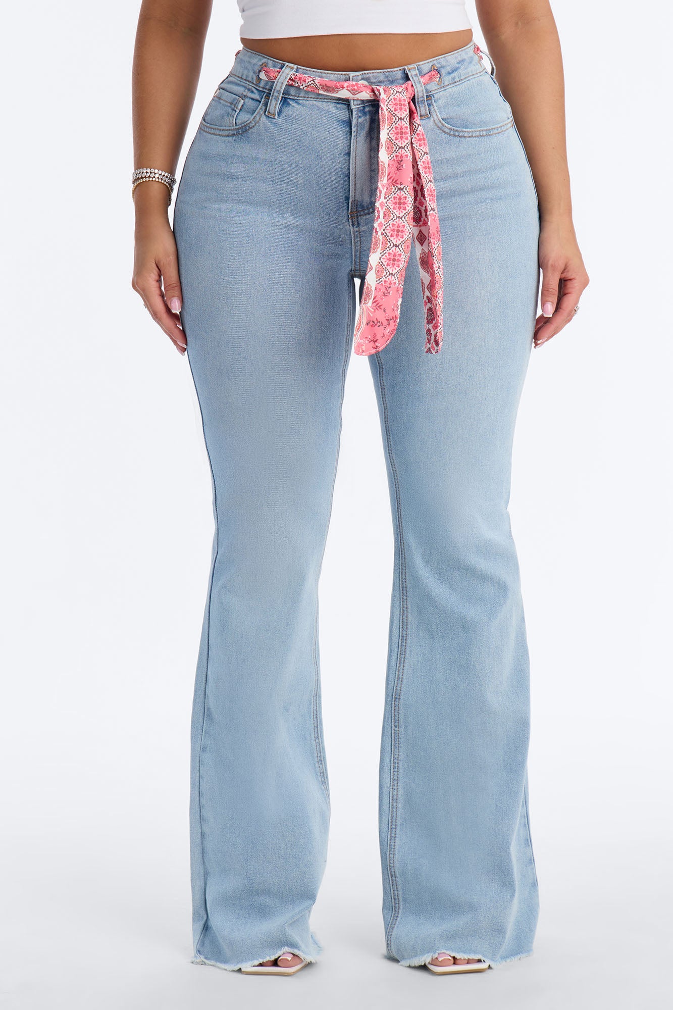 Amore Mio Belted Scarf Flare Jeans - Light Wash
