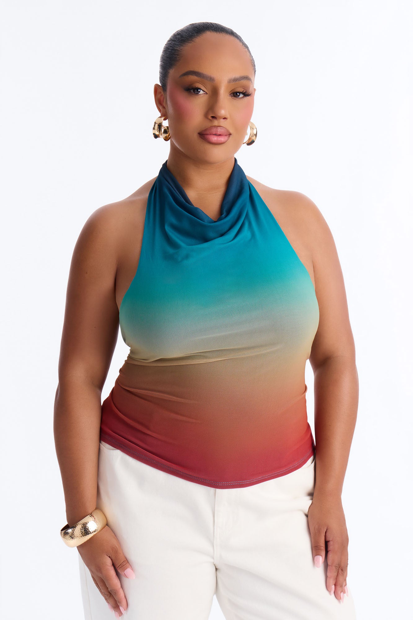 Sunkissed Ombre Mesh Cowl Neck Halter Top - Multi Color