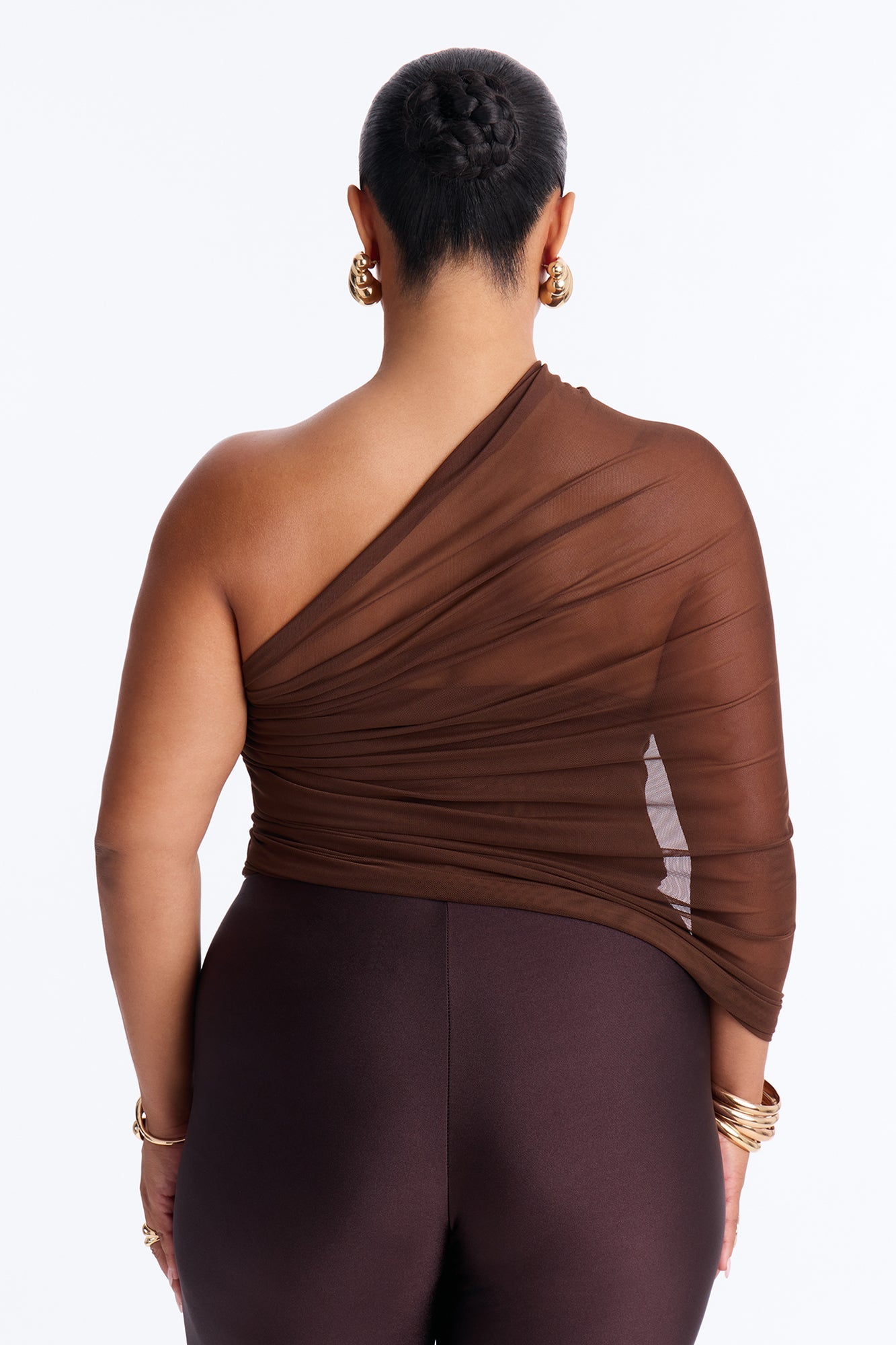 Melissa Ruched Mesh One Shoulder Double Layer Corset Top - Brown