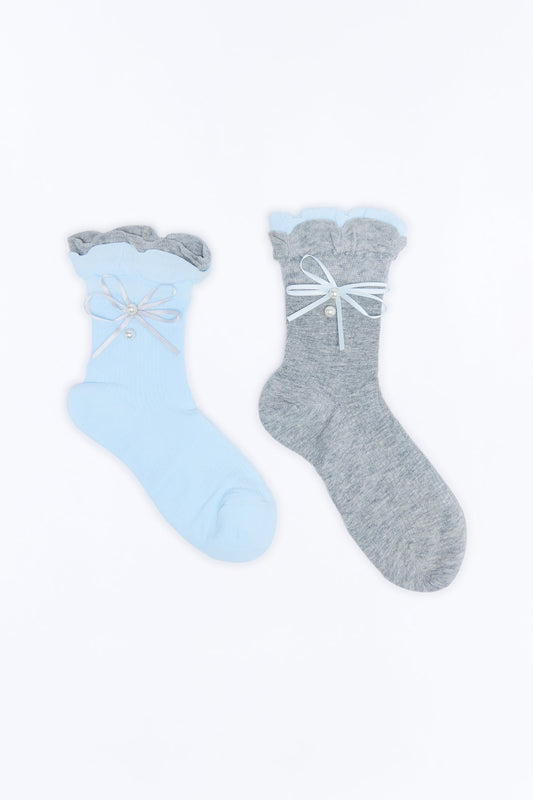 Bows And Pearls 2 Pack Crew Socks - Blue/combo