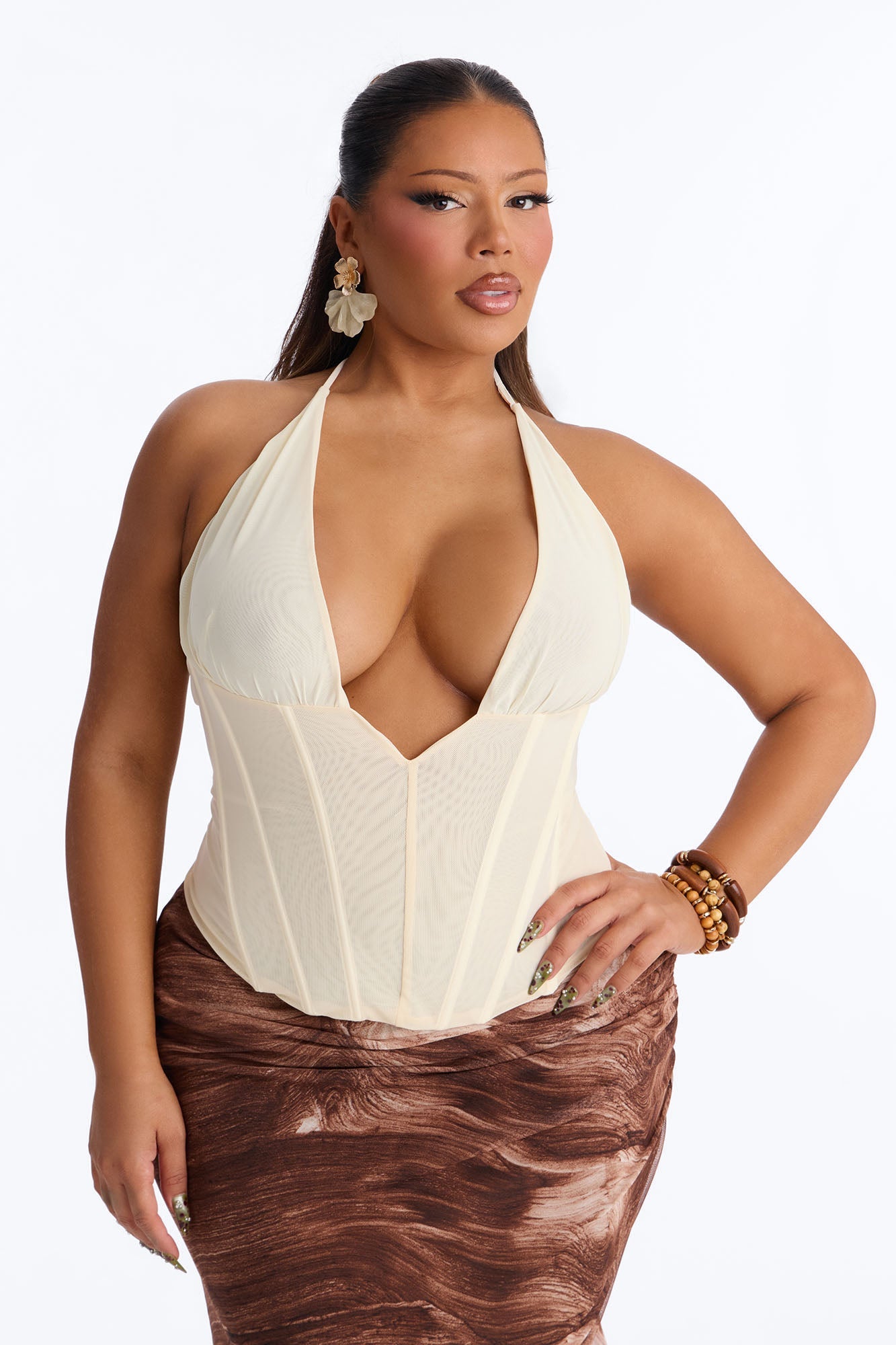 Never Forget Corset Mesh Halter Top - Ivory