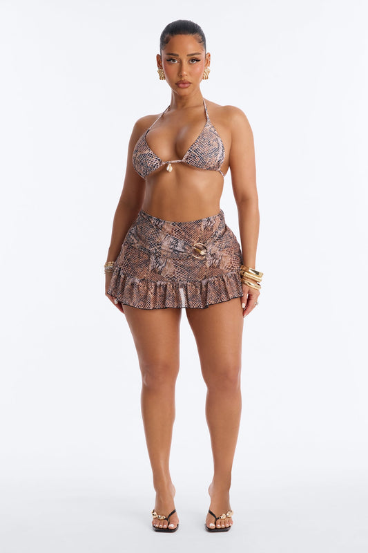 Summer Vixen 3 Piece Snakeskin Triangle Bikini Skirt Set - Leopard
