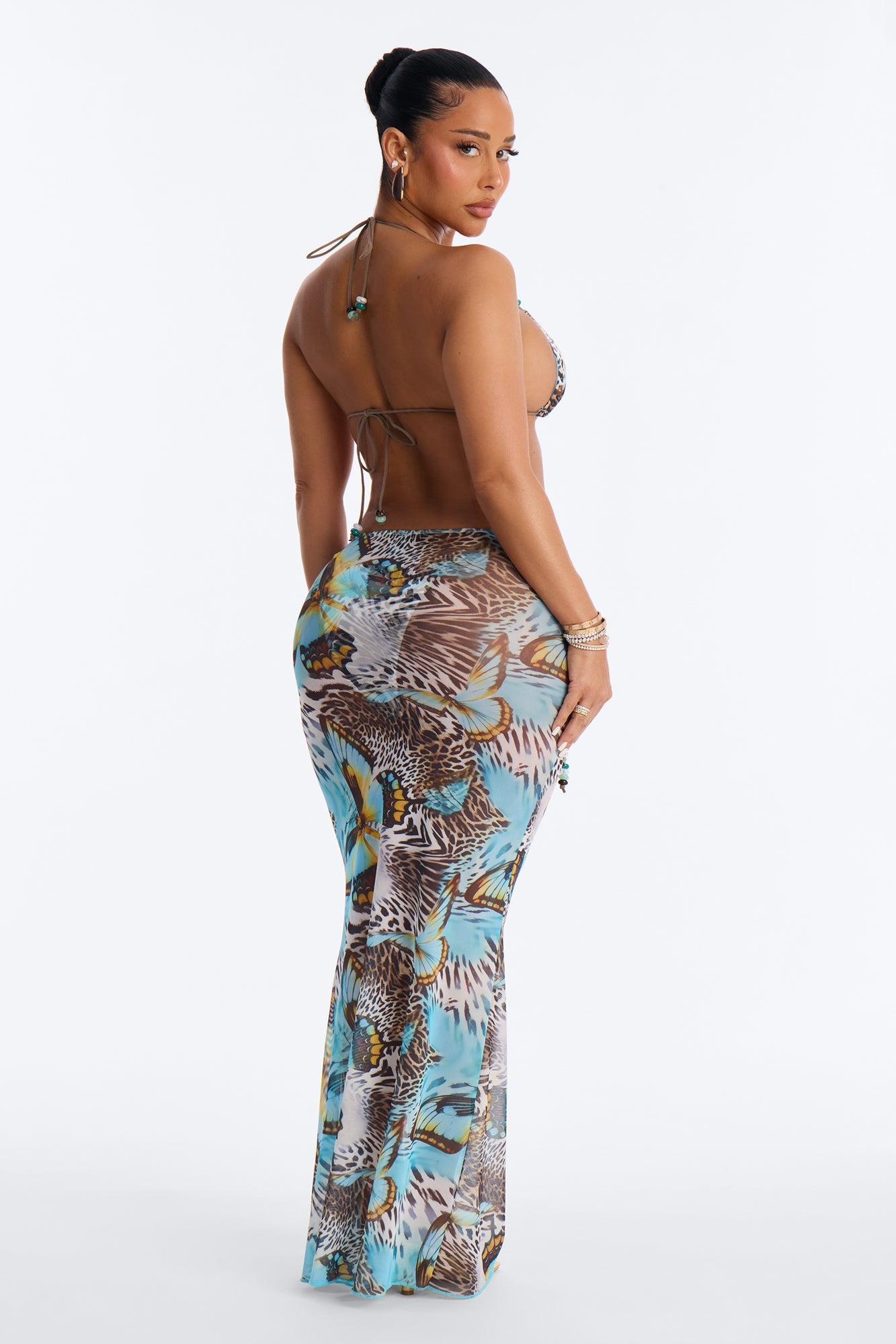 Nila Mixed Beaded Print 3 Piece Triangle Bikini & Skirt Set - Blue/combo