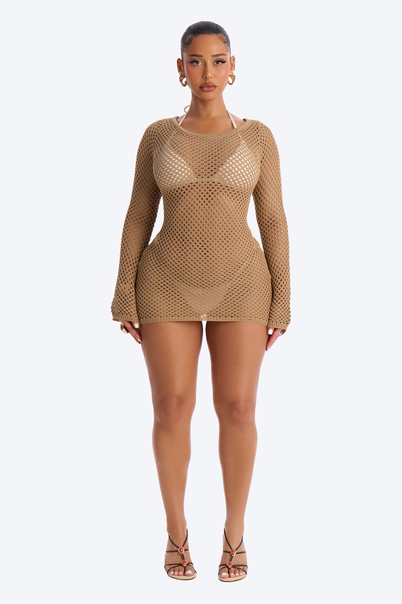 Cassie Crochet Deep Scoop Backless Cover Up Dress - Tan