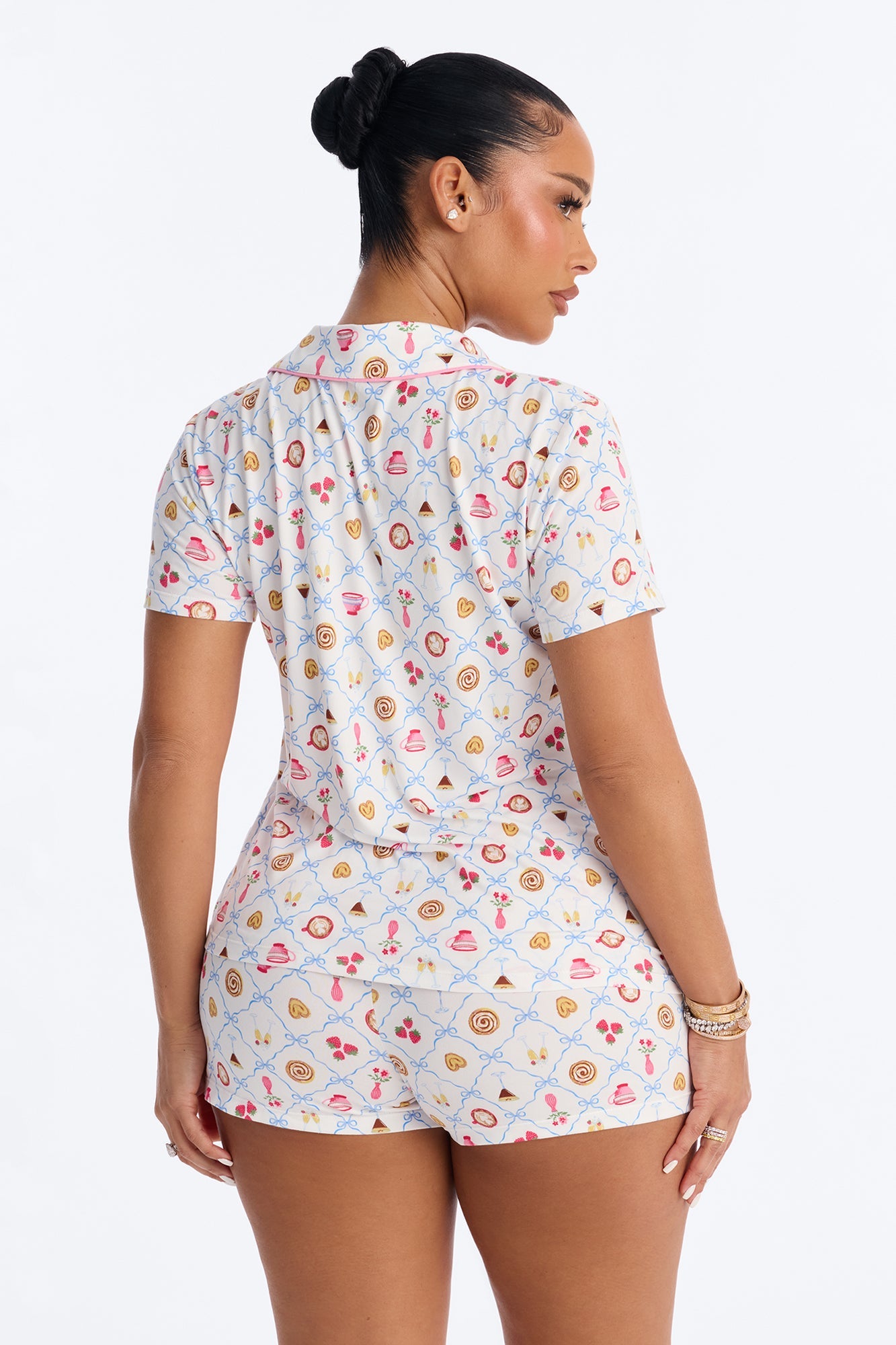 Girls Brunch Notch Collar PJ Short Set - White/combo