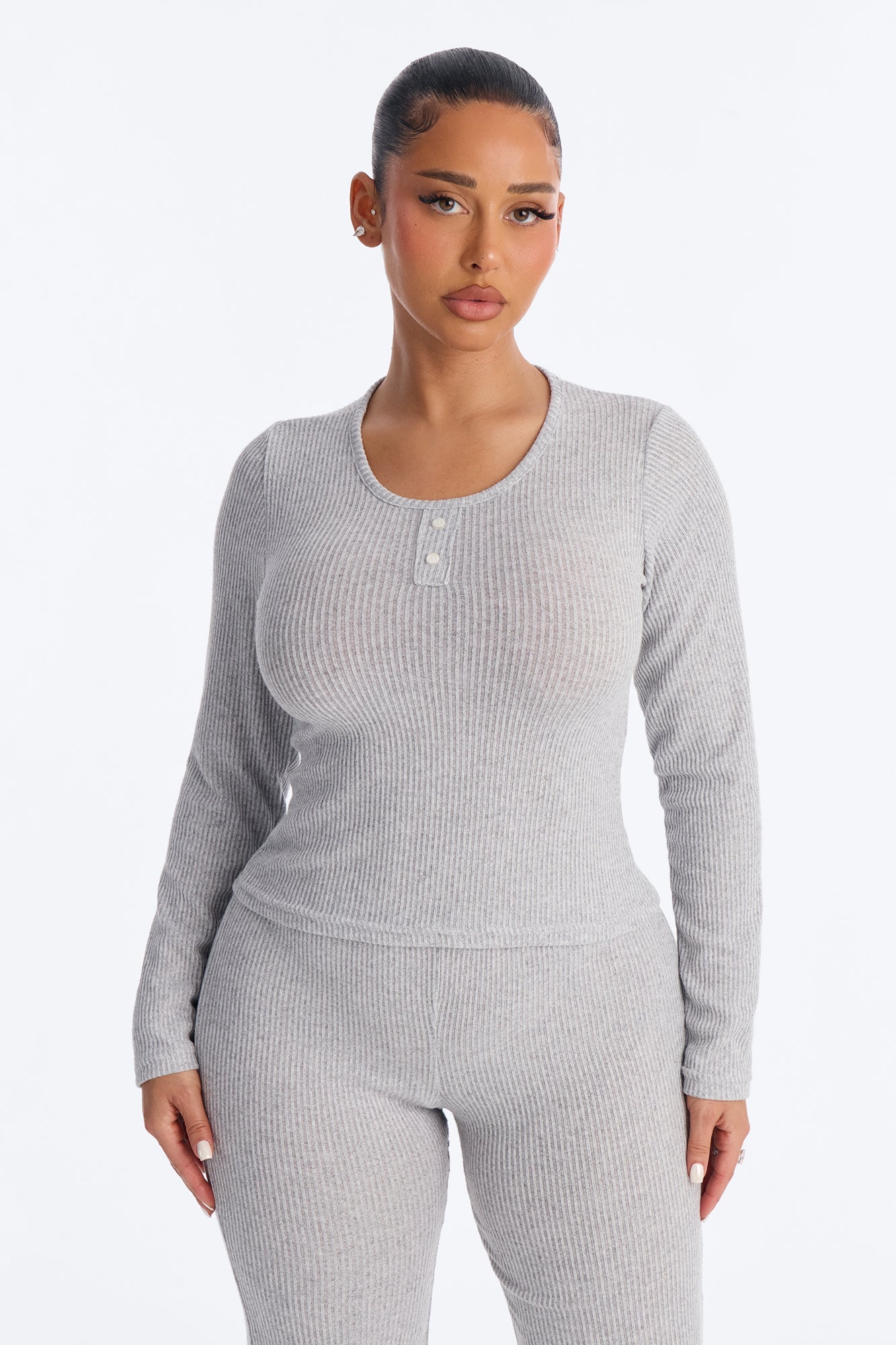Slumber Haven Ribbed Long Sleeve PJ Pant Set - Heather Grey