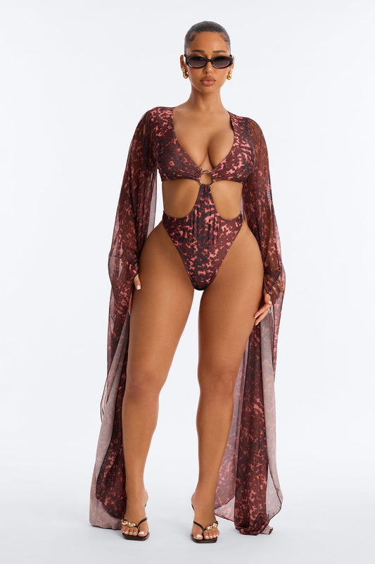 Expand My Horizons Flare Long Sleeves O-Ring Cut Out 1 Piece Swimsuit - Burgundy