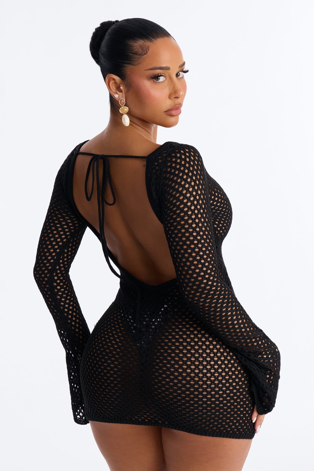 Cassie Crochet Deep Scoop Backless Cover Up Dress - Black