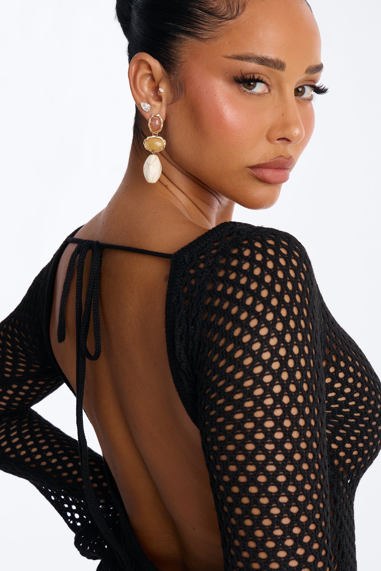 Cassie Crochet Deep Scoop Backless Cover Up Dress - Black