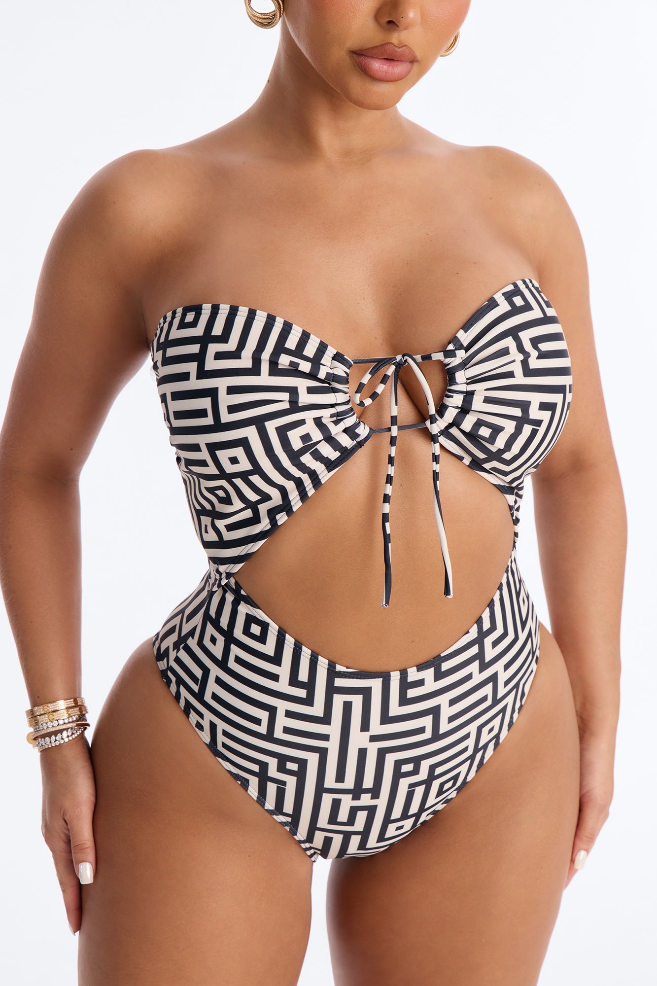 Frida 1 Piece Geometric Print Strapless Swimsuit & Cover Up Mini Skirt - Black/White
