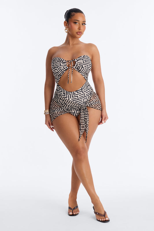 Frida 1 Piece Geometric Print Strapless Swimsuit & Cover Up Mini Skirt - Black/White