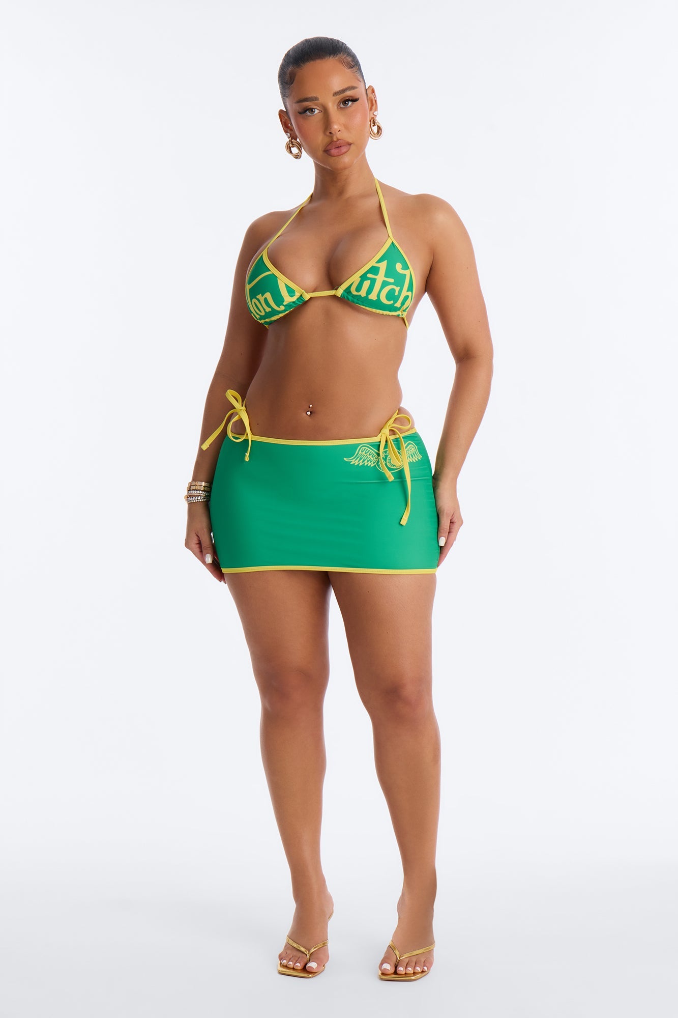 Von Dutch Contrast Binding 3 Piece Bikini & Skirt Set - Green/combo