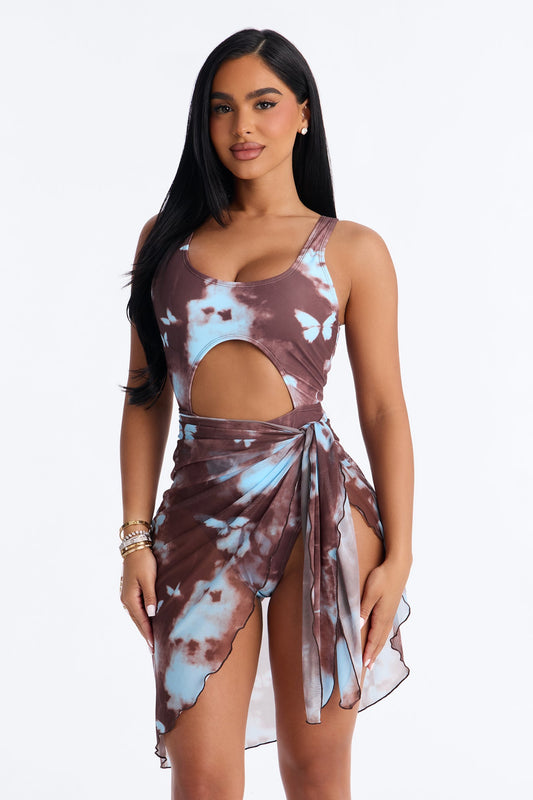Monarch Wave Stretch 1 Piece Butterfly Tie Dye Front Cut Out Swimsuit With Sarong - Brown/combo