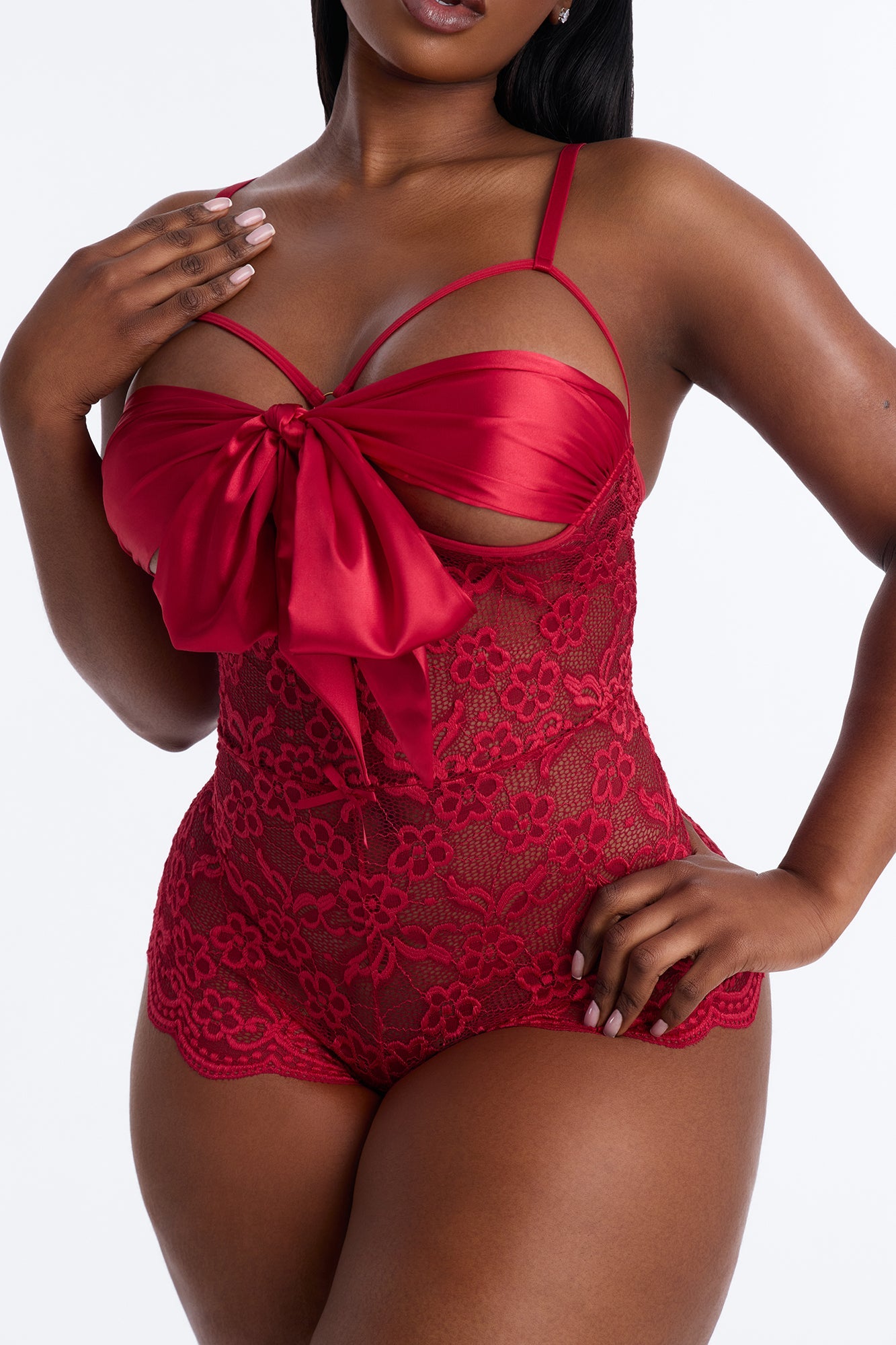 Sweet And Subtle Lace Open Cup Crotchless Teddy - Red