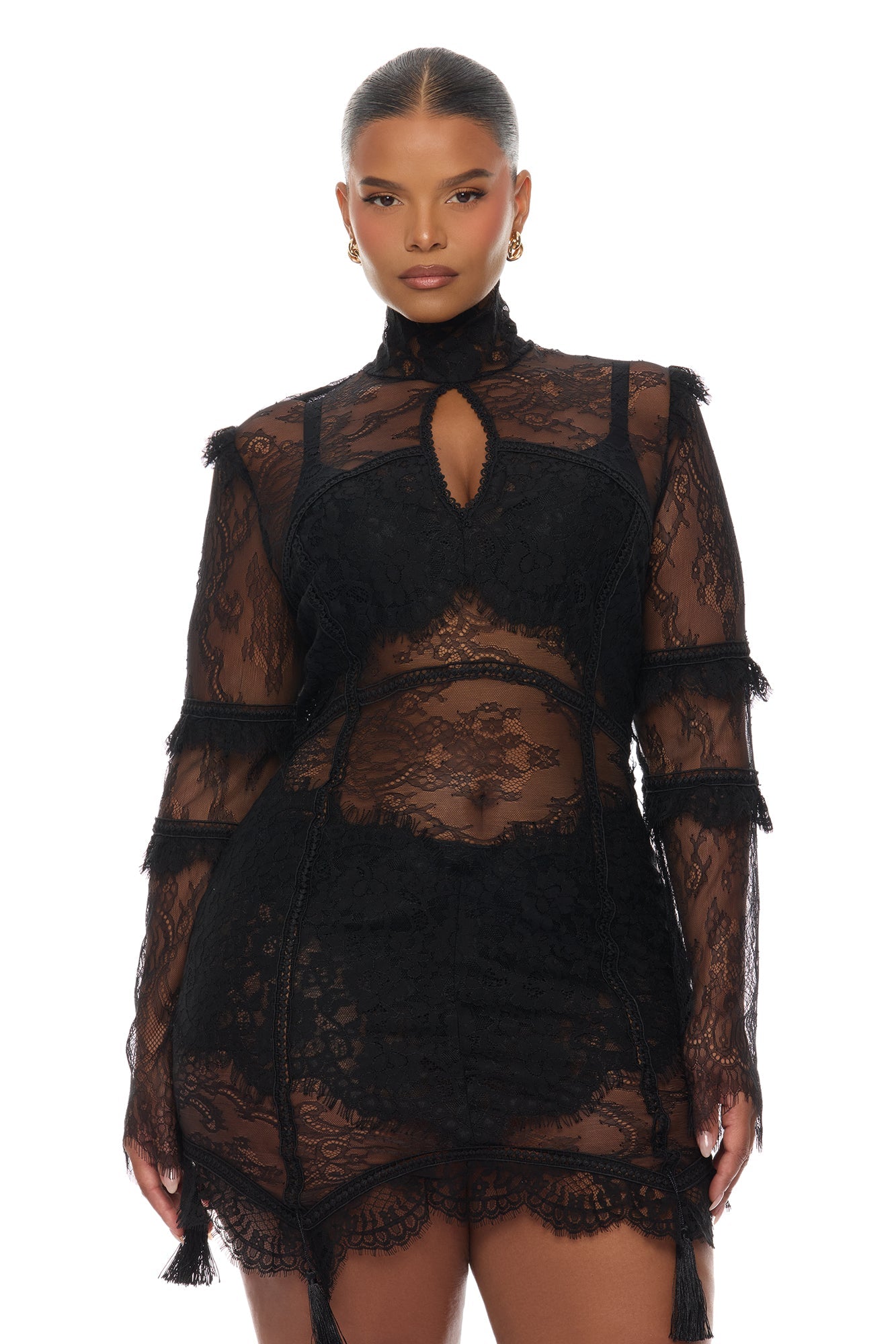 Lana Sheer Lace Mini Dress - Black