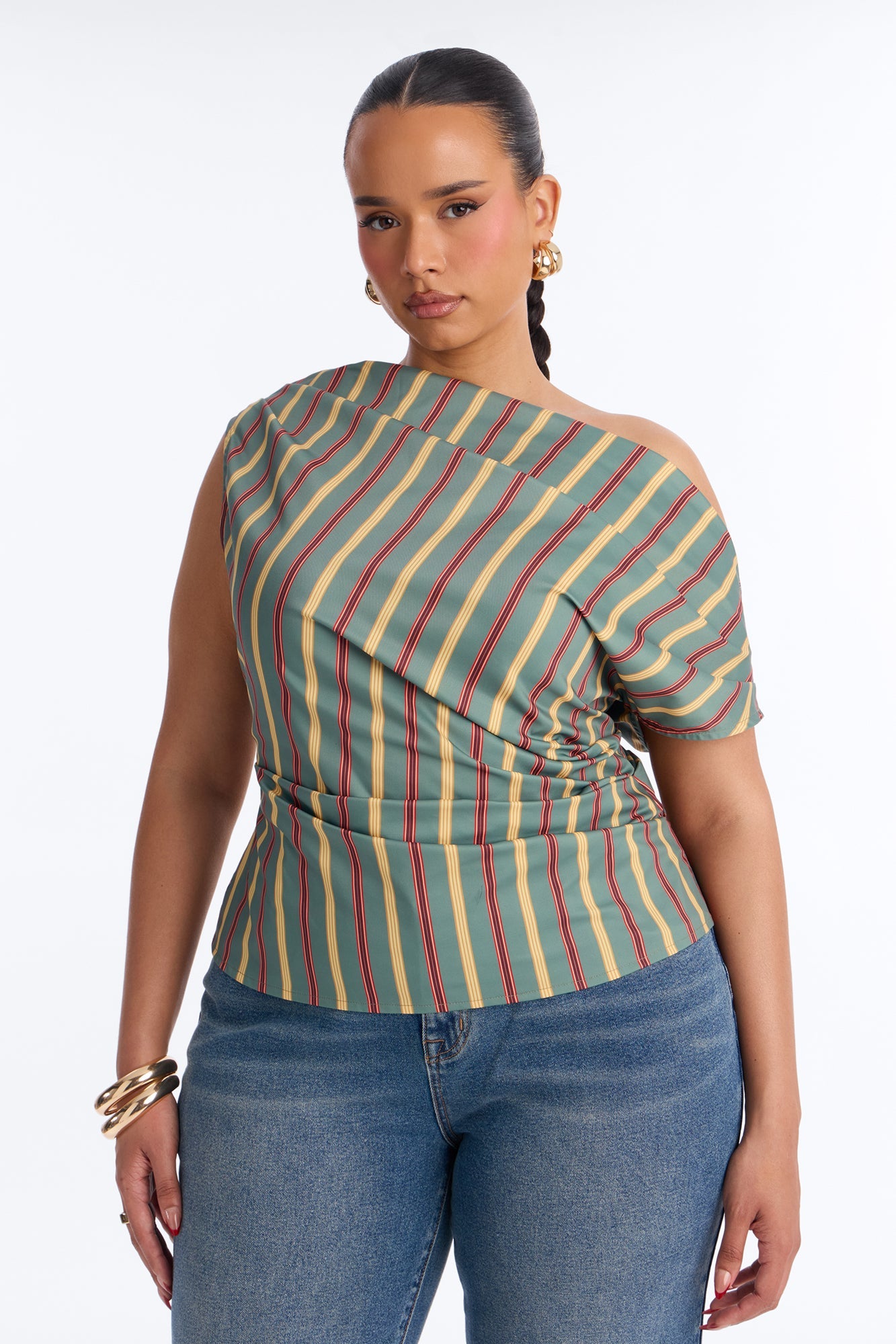 Set The Tone One Shoulder Striped Top - Green/combo