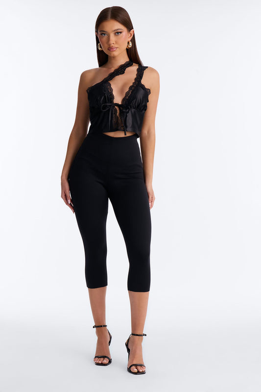 Melanie Satin Lace Trim One Shoulder Flyaway Top - Black