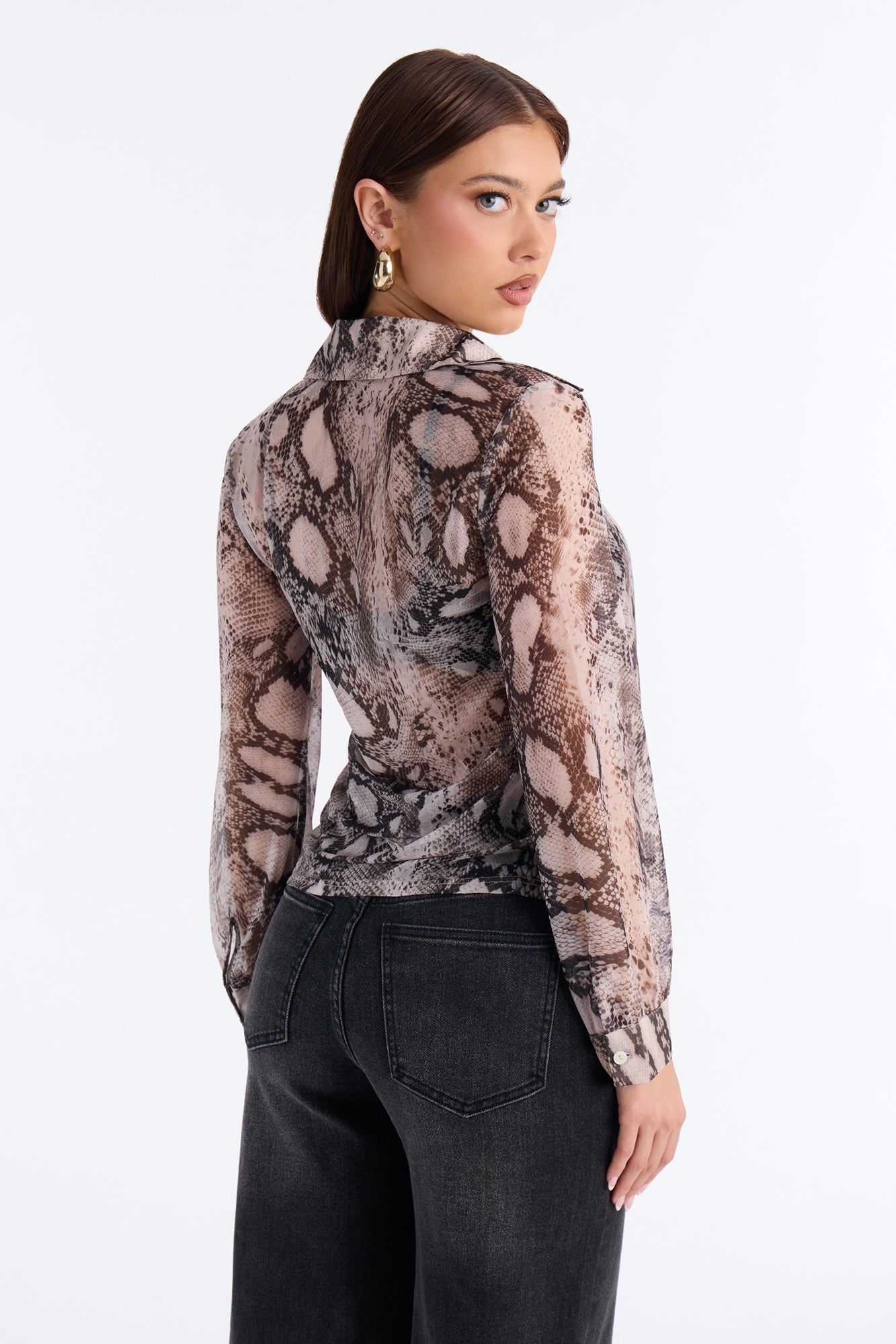 Veronica Sheer Snake Mesh Long Sleeve Shirt - Brown/combo