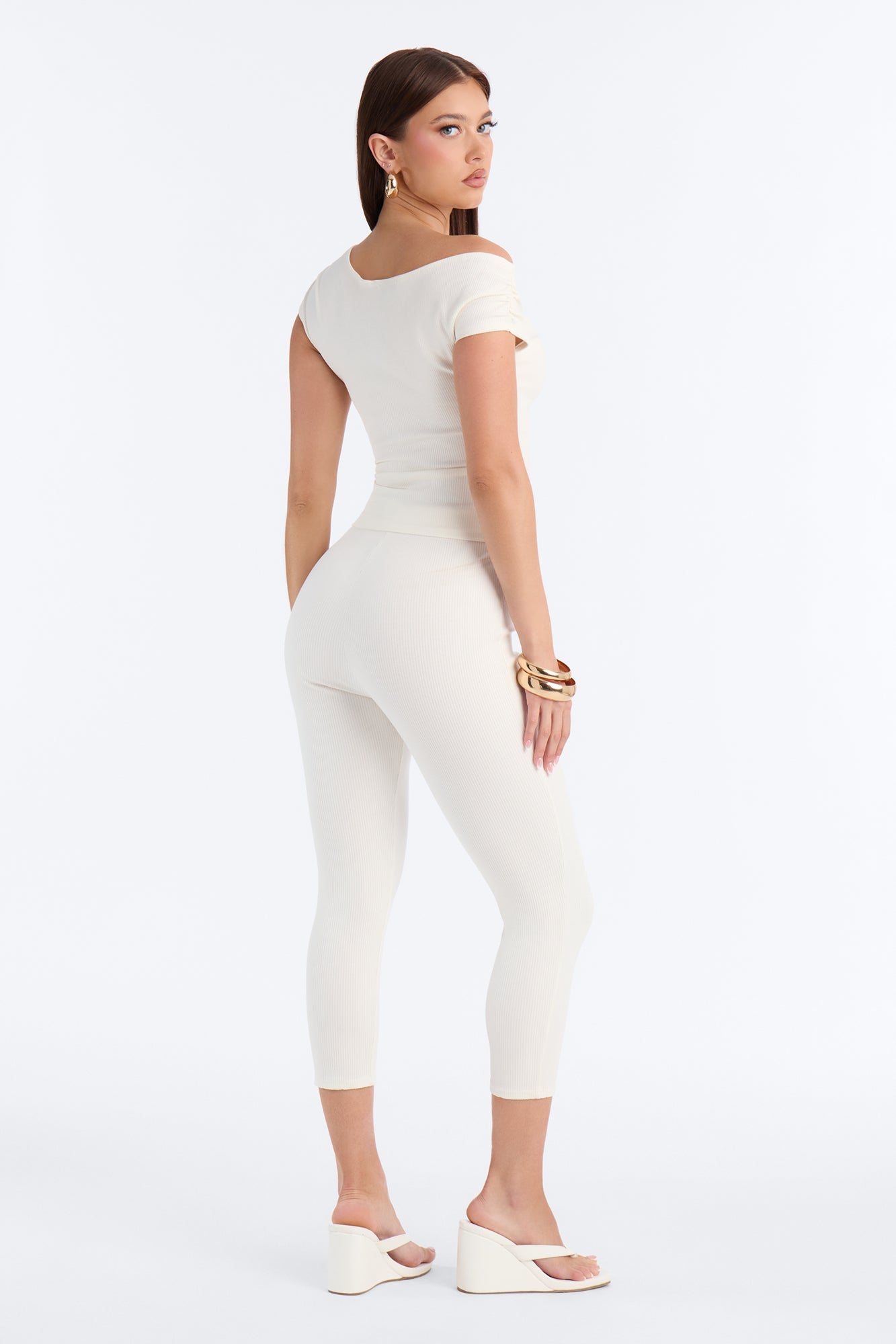 Ariella Off Shoulder Snatched Capri Set - Off White
