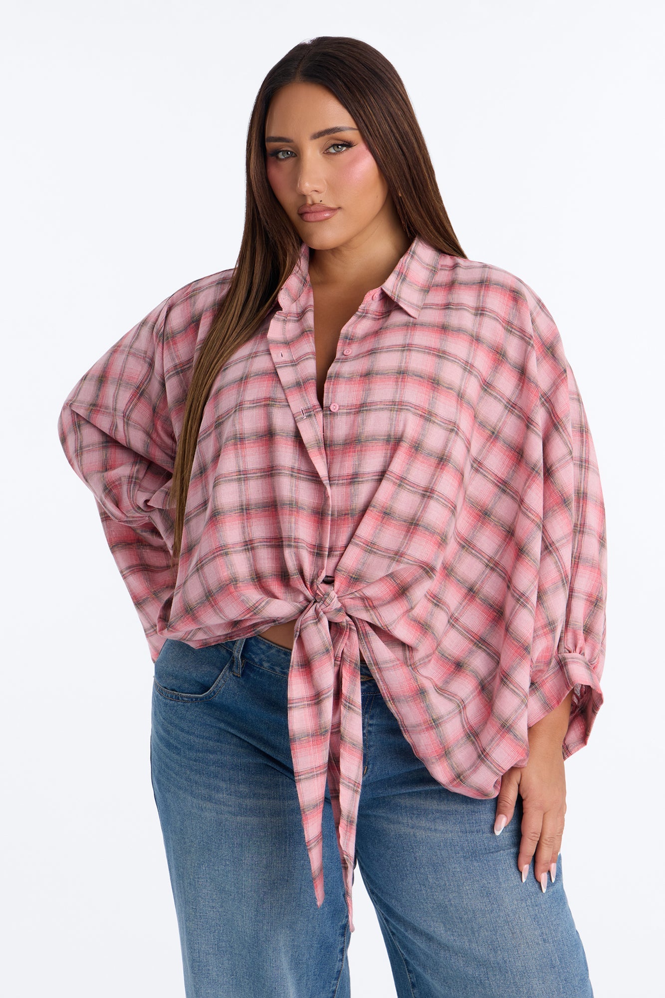 Kimora Tie Front Plaid Linen Shirt - Pink/combo
