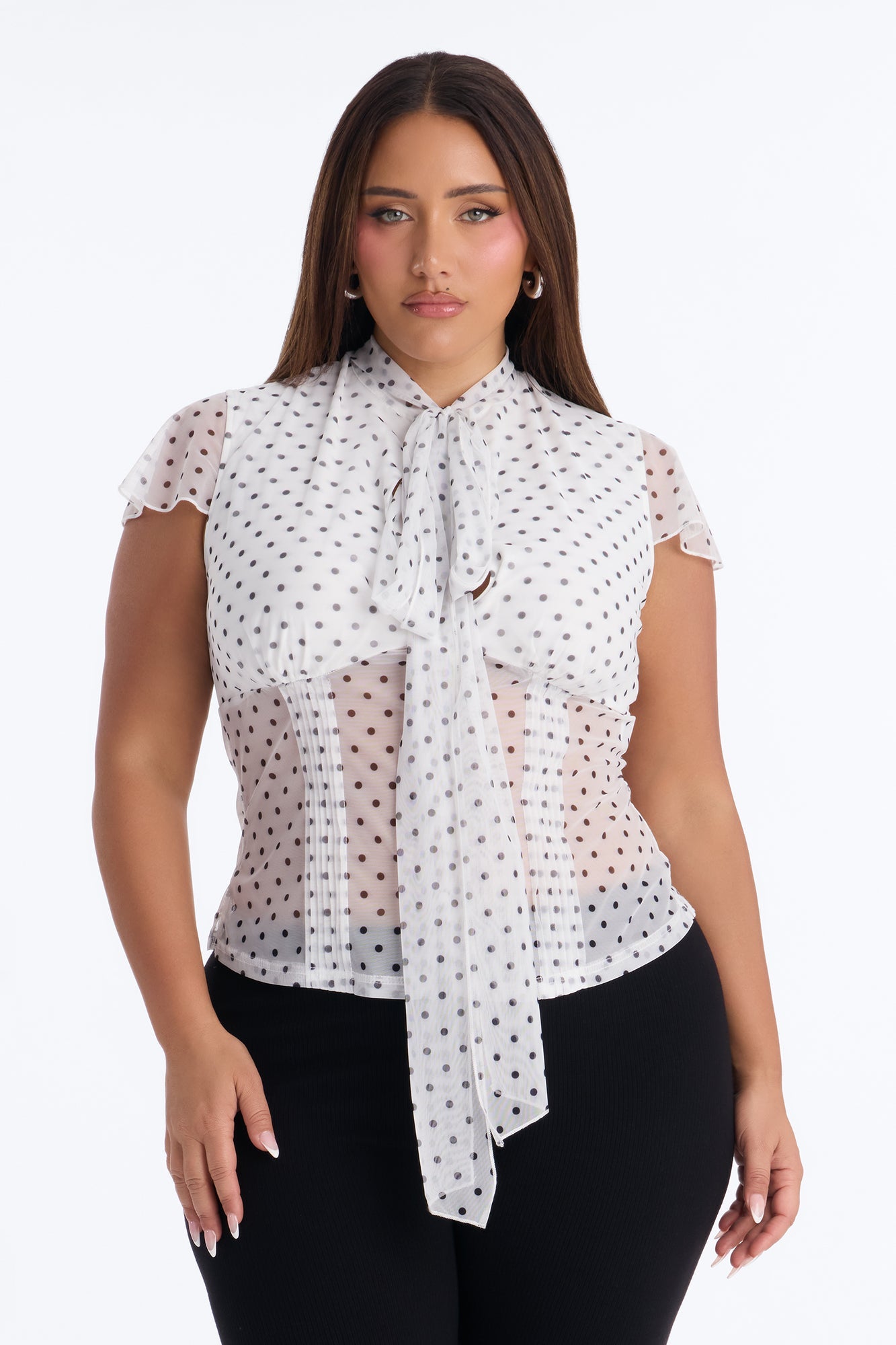 Arabelle Polka Dot Mesh Short Sleeve Top - White/Black