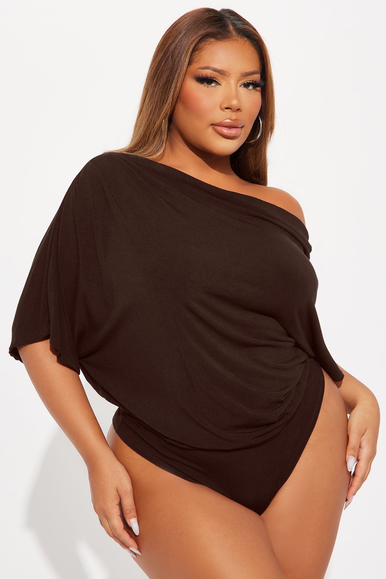Flatter Me Off Shoulder Bodysuit - Brown