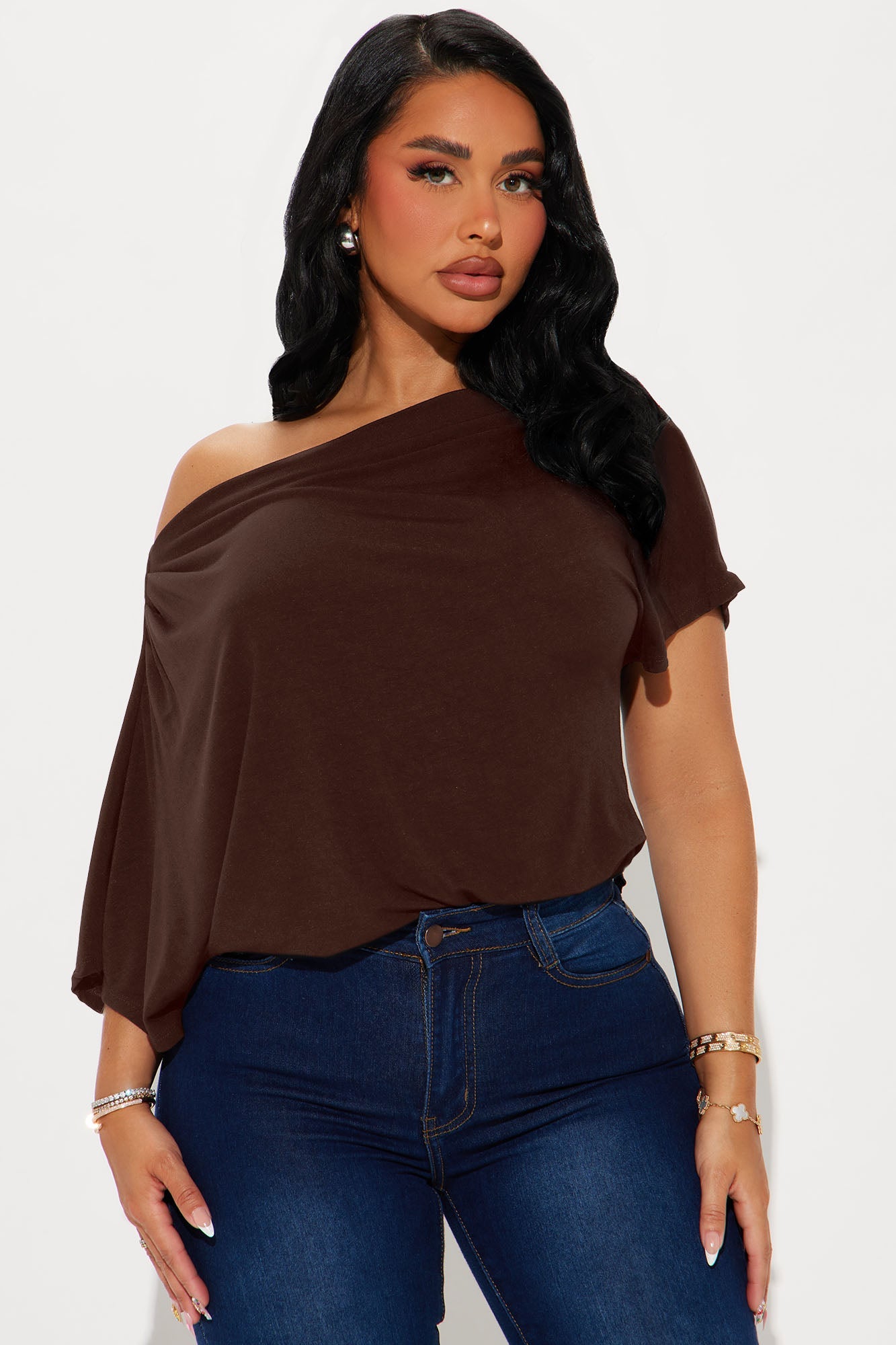 Flatter Me Off Shoulder Bodysuit - Brown