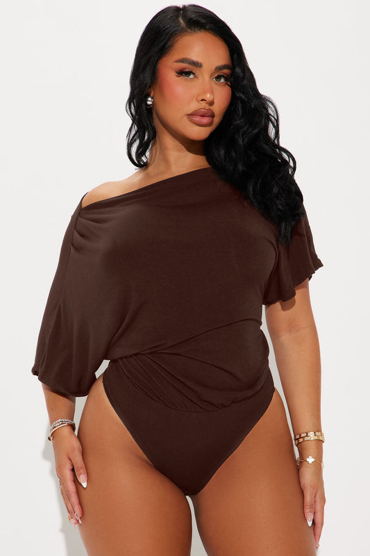 Flatter Me Off Shoulder Bodysuit - Brown