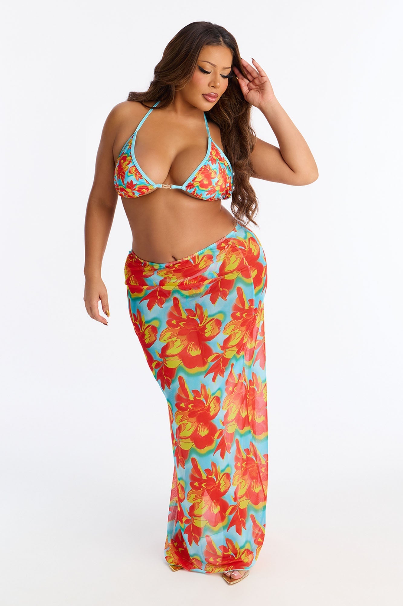 Gia 2 Piece Bikini And Sarong Set - Orange/combo Fashion Nova