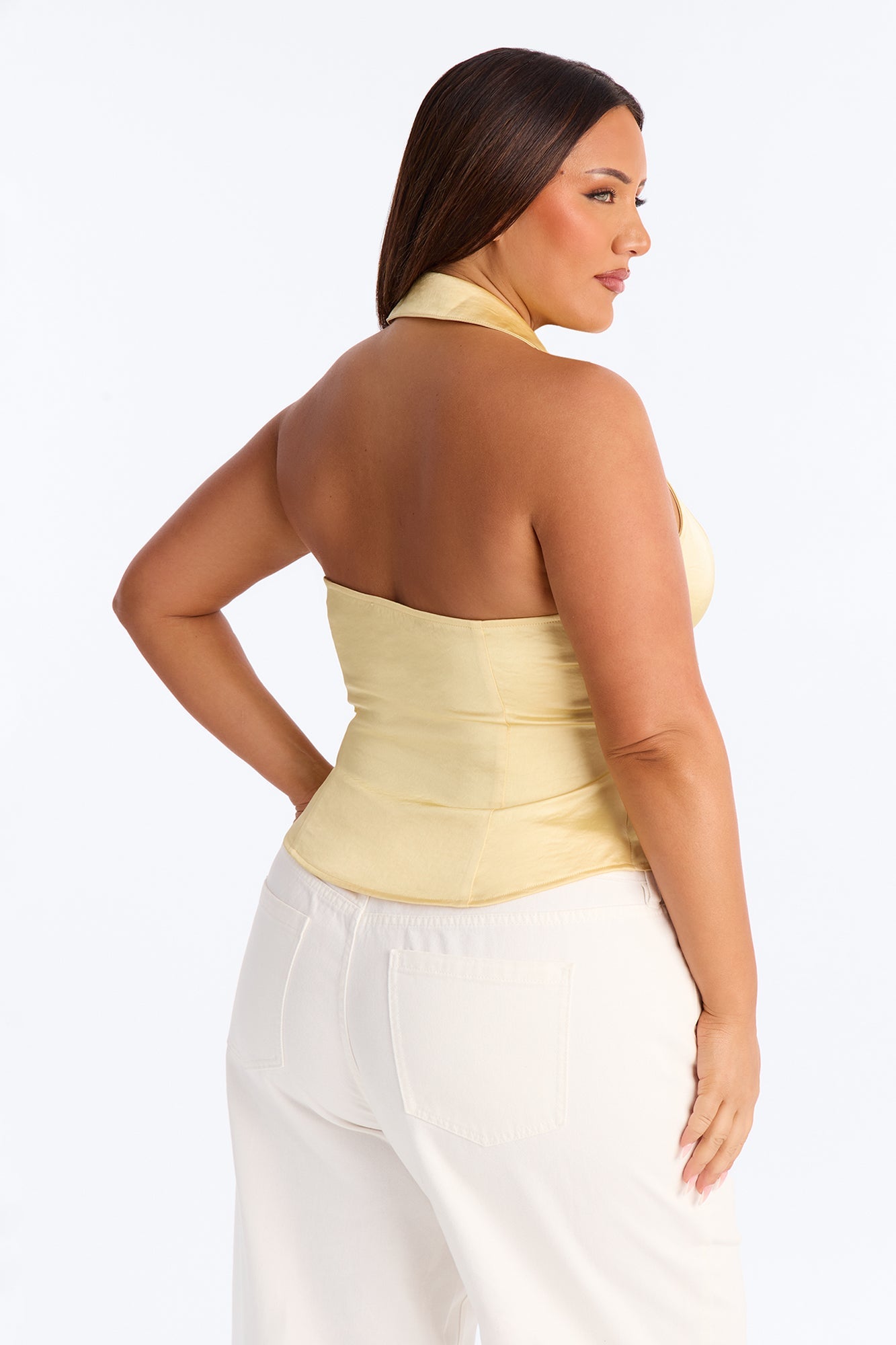 Simply That Girl Lace Up Satin Halter Top - Yellow