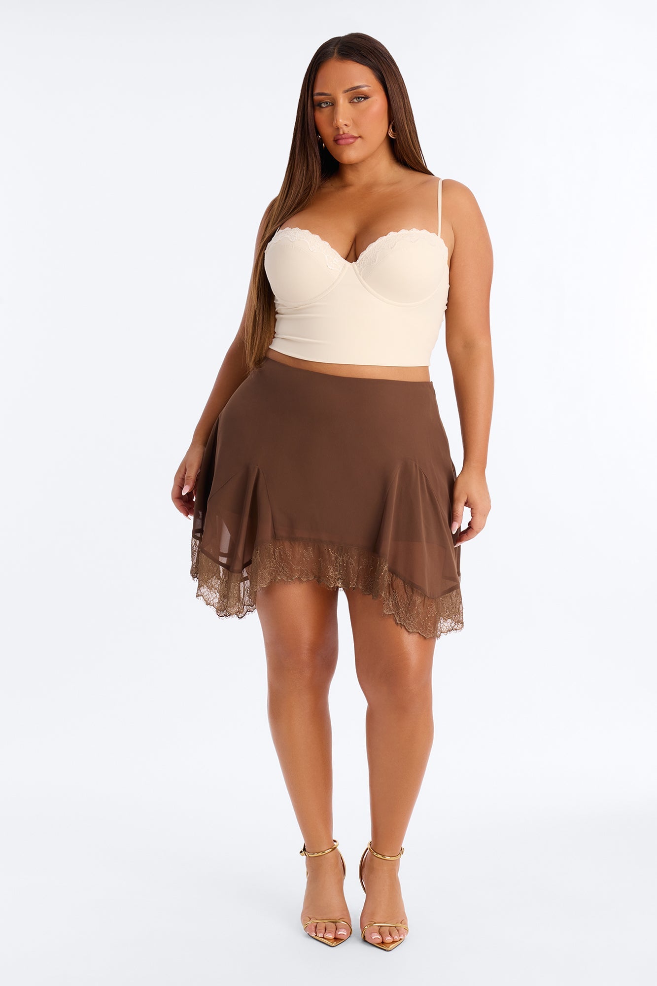 Sue Ellen Lace Trim Flowy Mini Skirt - Brown