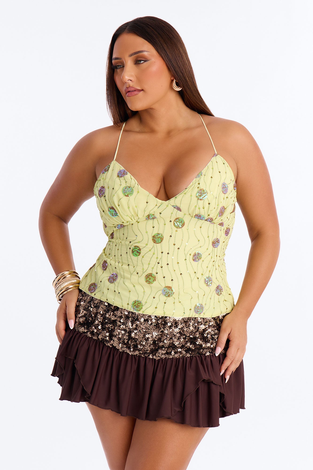 Desert Days Sequin Strappy Back Chiffon Top - Chartreuse