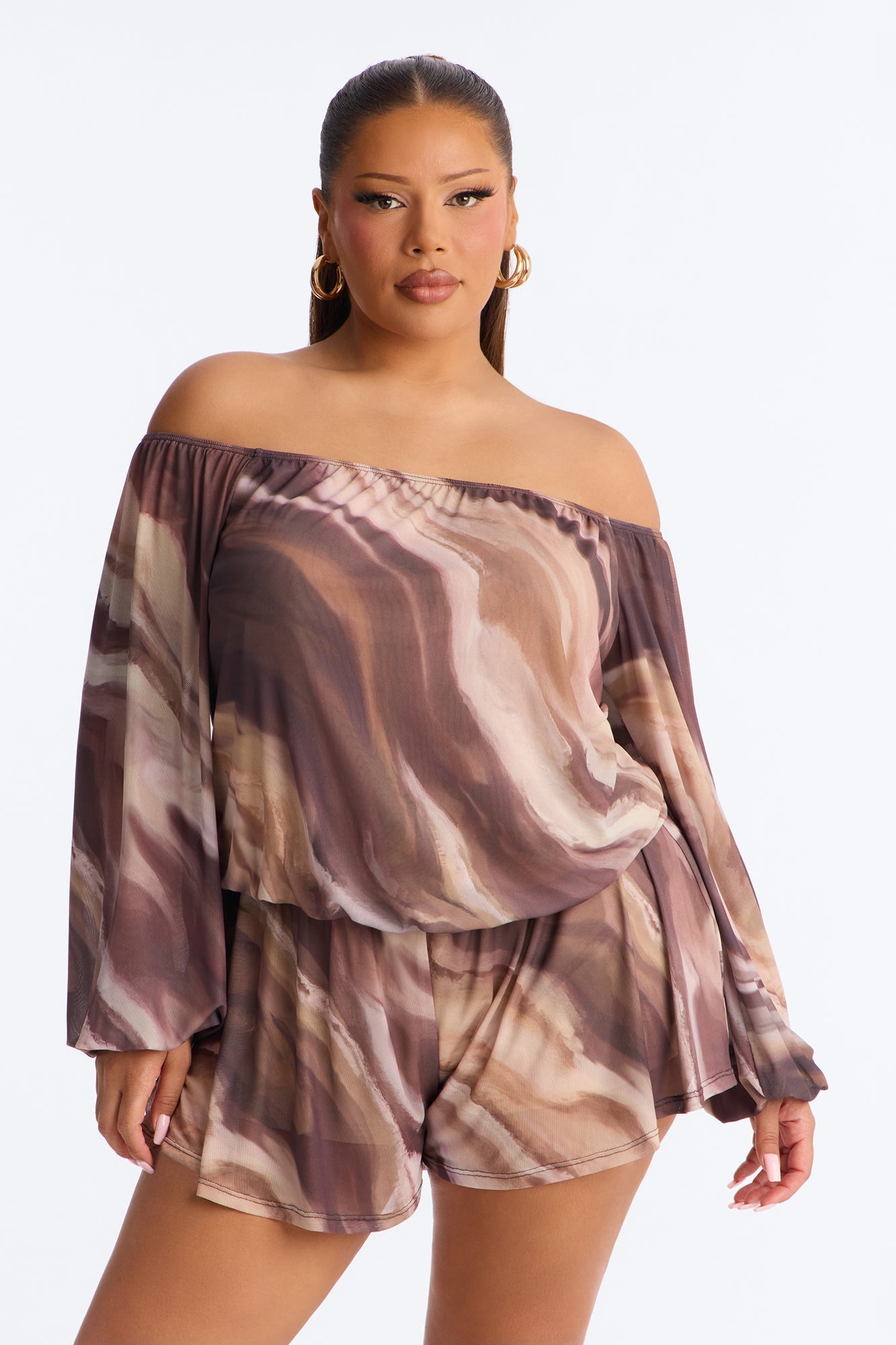 Rana Mesh Off Shoulder Romper - Brown