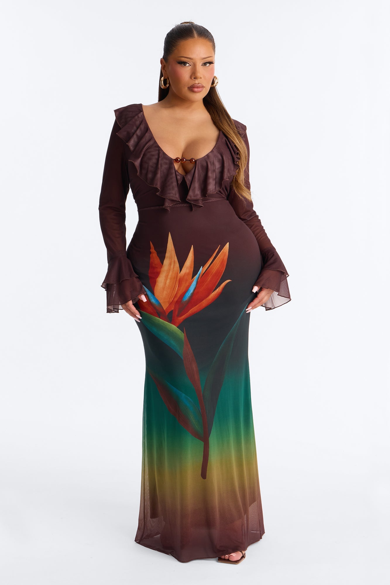 Erica Ruffle Mesh Maxi Dress - Brown/combo