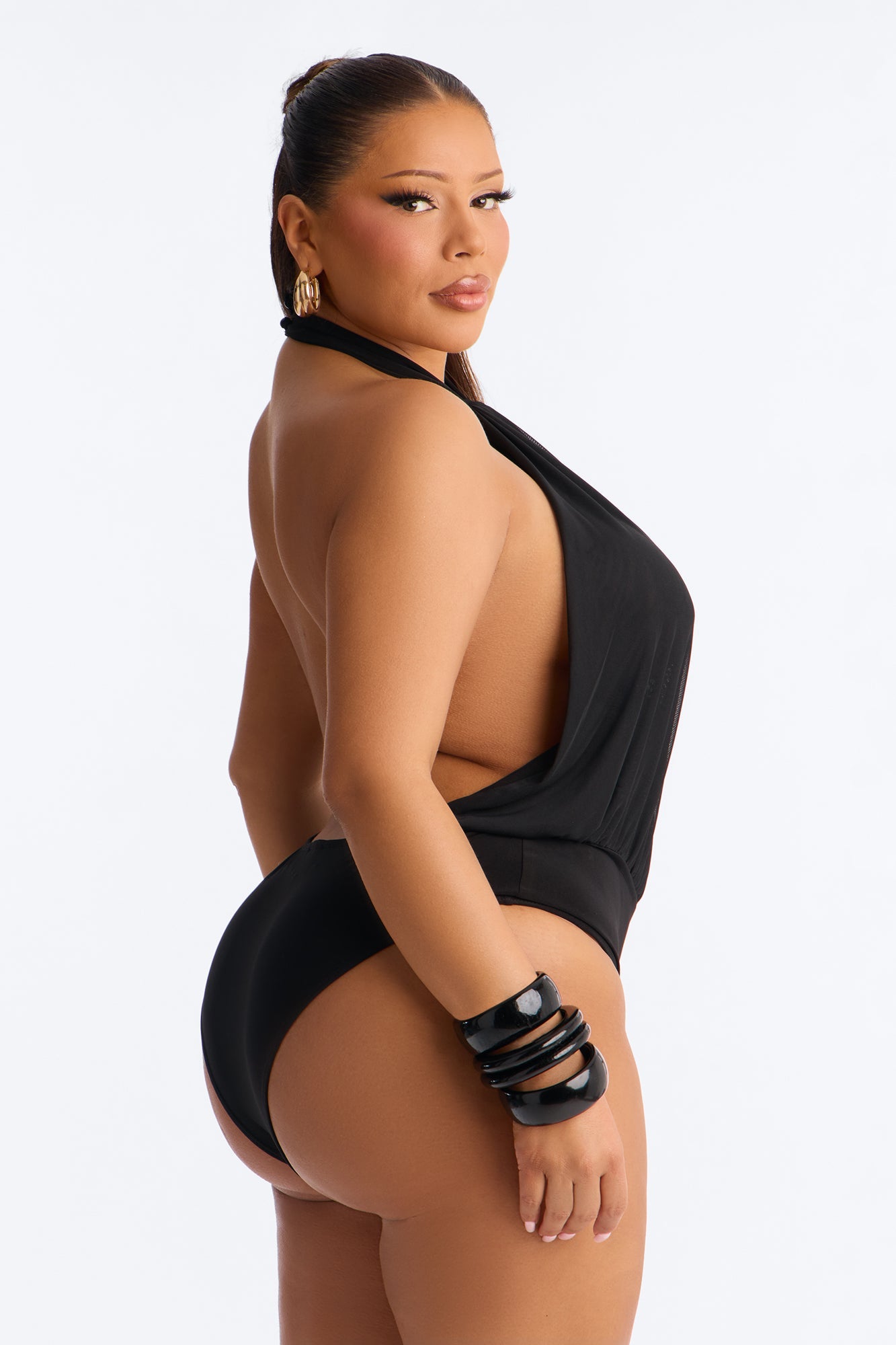 Uncovered Desire Sheer Mesh Backless Halter Bodysuit - Black